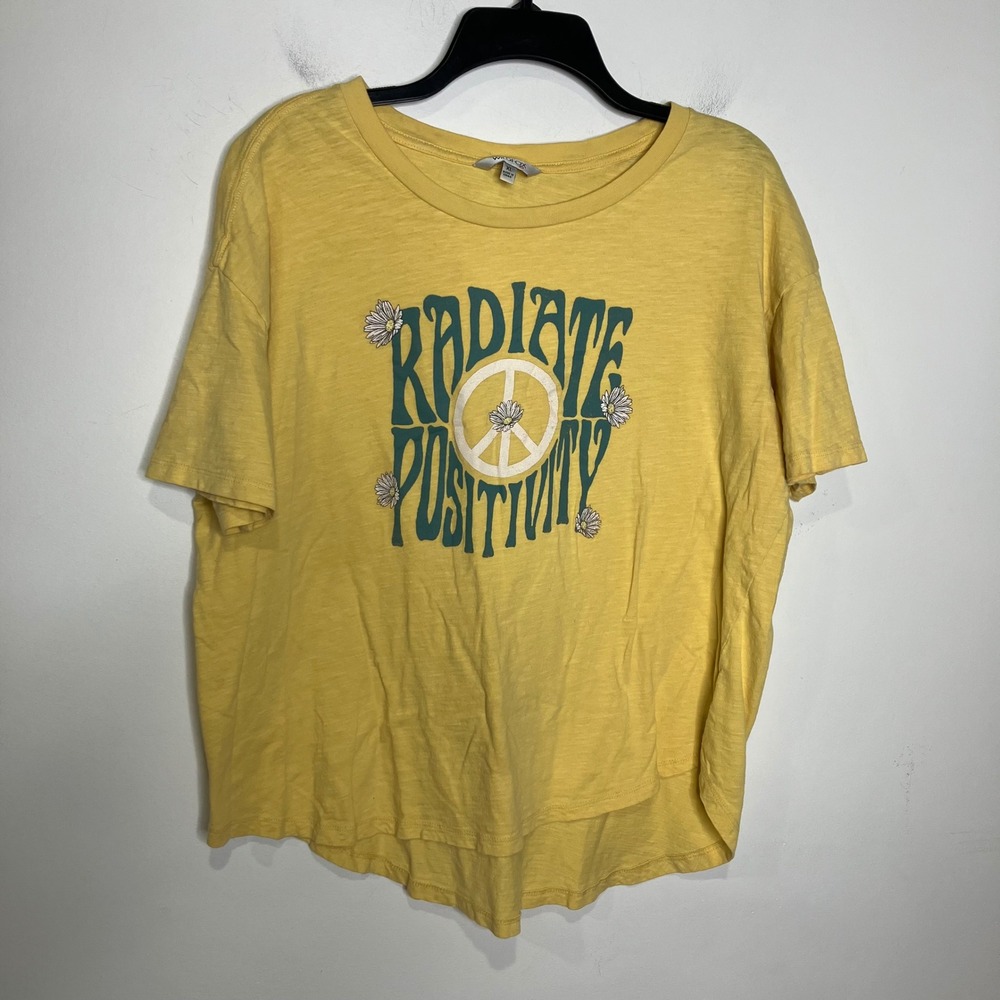 Wildfox radiate positivity hi-low t-shirt yellow womens size XL peace sign boho